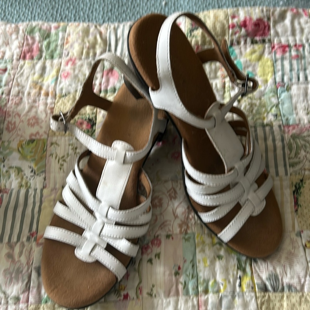 Clarks  White, Tan w/ Black soles Sandals. .